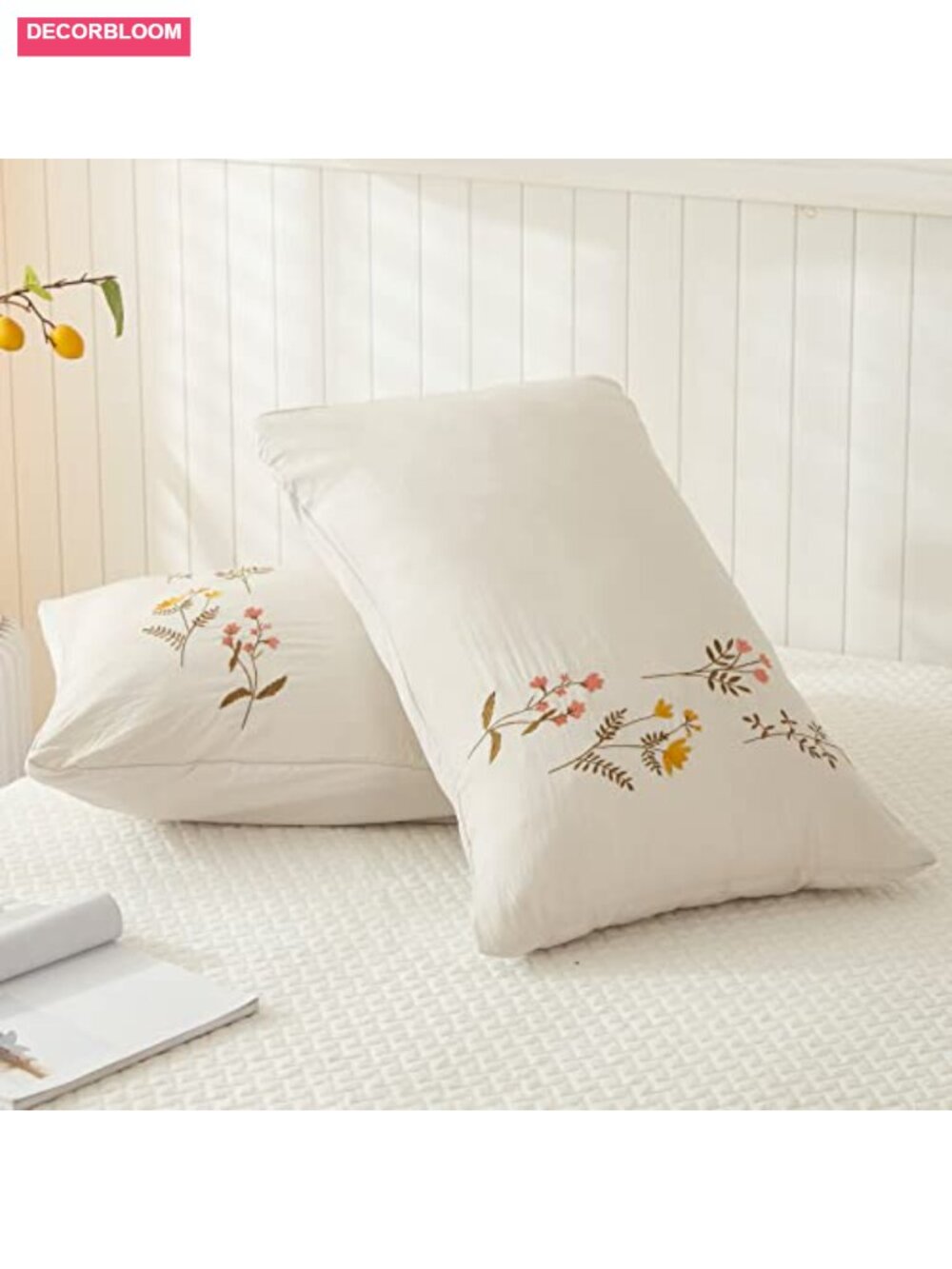 Embroidered Floral Pillowcases Set of 2, 100% Washed Microfiber, Boho Chic, - Picture 3 of 6